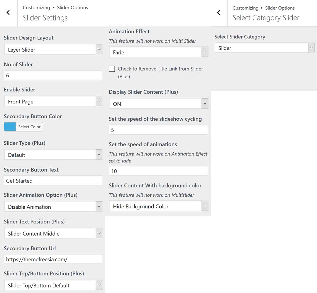 slider settings